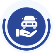 Hand holding car symbol on blue background.