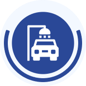 Car wash symbol on blue circular background.