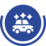 Sparkling car icon on blue circle background.