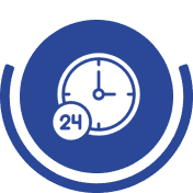 24-hour clock icon on blue circle.