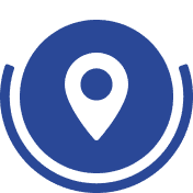 Map pin icon on blue circular background.