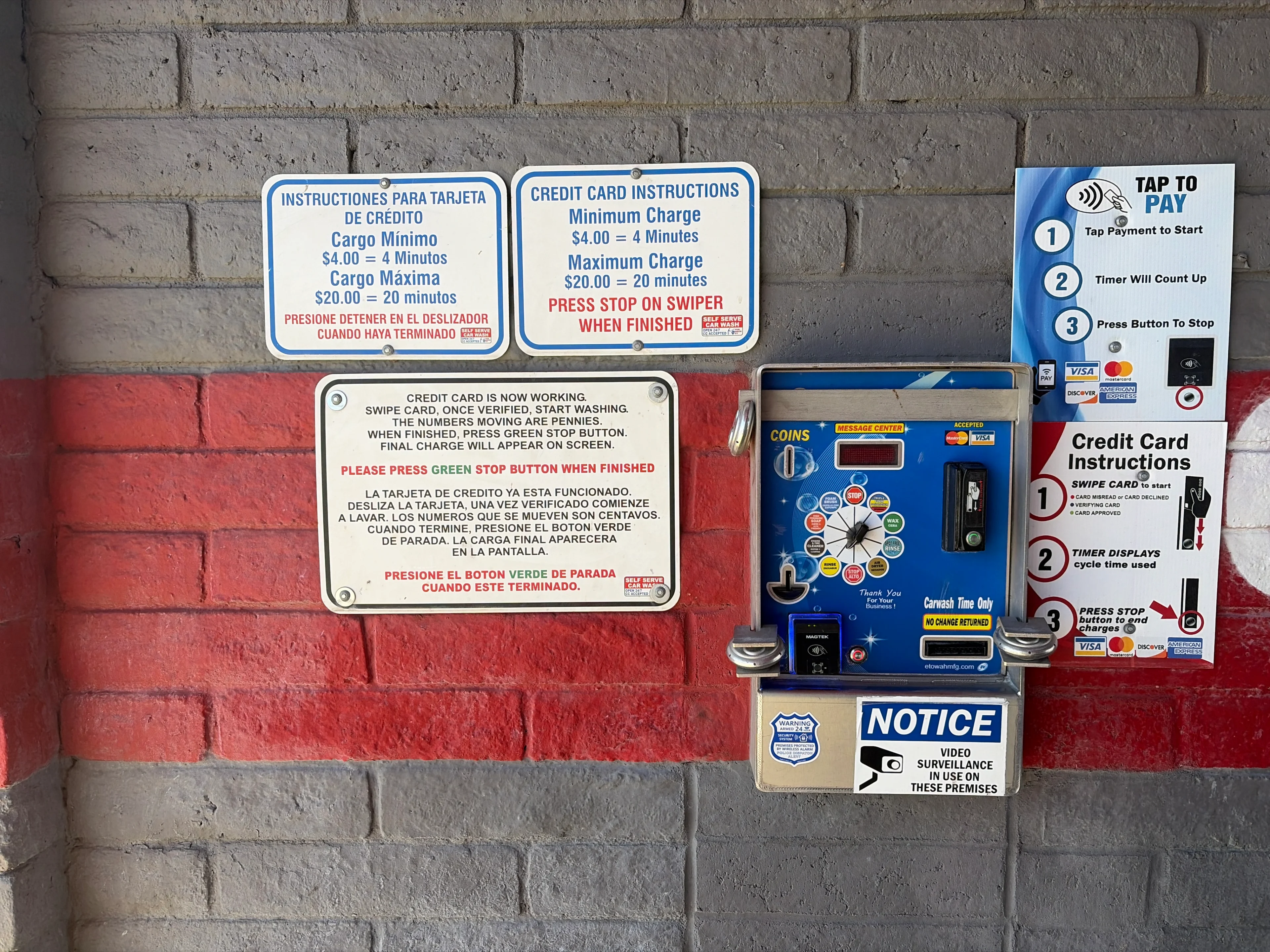 Car wash payment machine with instructions.